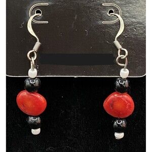 Red with Black & White Glass Bead Earrings by Neanie-Bot